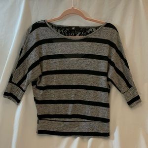 Black & Grey Striped Shirt with Lace Keyhole Back